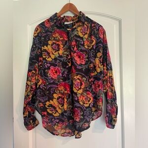 Vintage Bold Floral Button-Up Blouse in Black with Pink, Yellow & Purple
